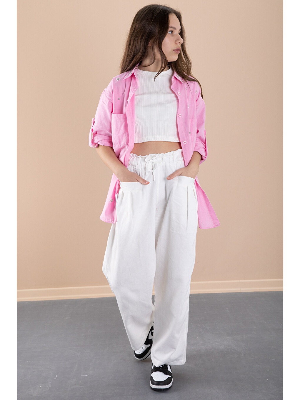 Pembe Kız Çocuk Croplu Taşlı Gömlek Ve Pantolonlu 3'lü Takım 20470-10