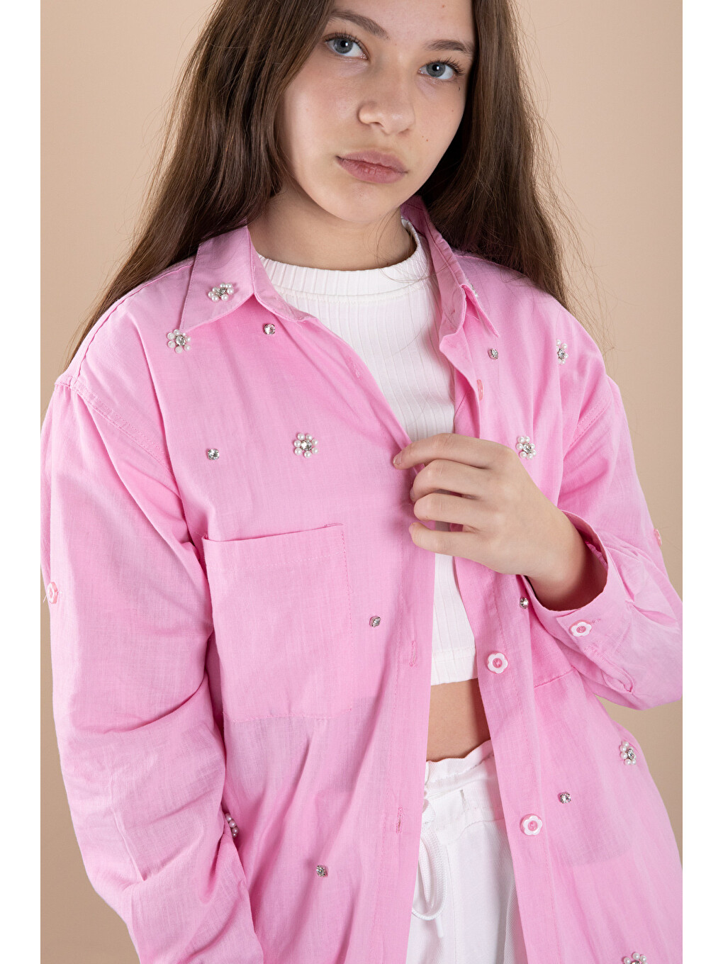 Pembe Kız Çocuk Croplu Taşlı Gömlek Ve Pantolonlu 3'lü Takım 20470-11