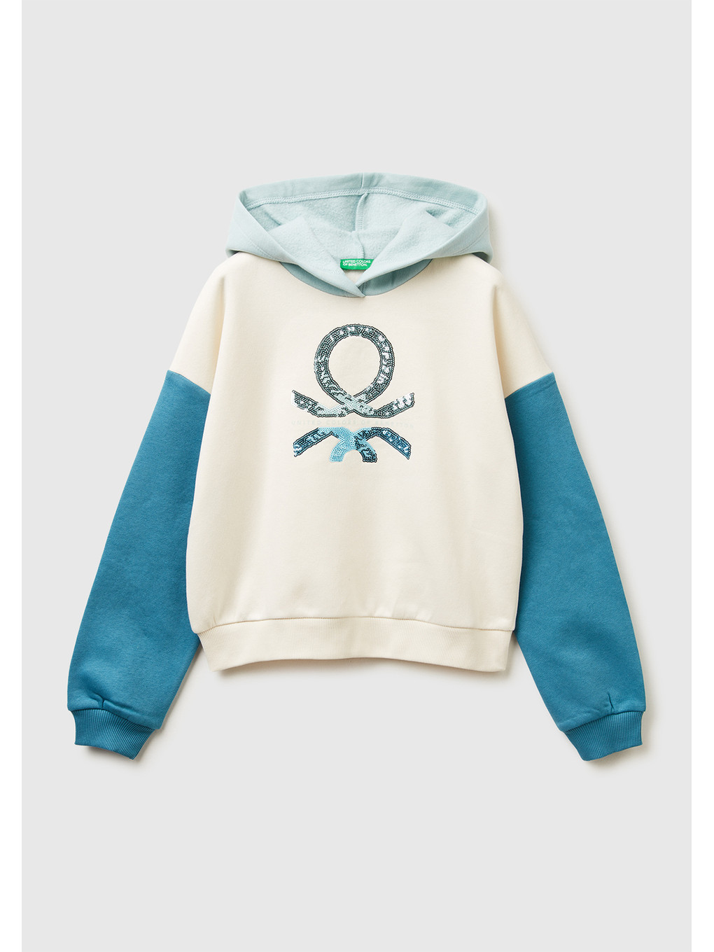 Kız Çocuk Ekru-mavi Payet İşlemeli Nervürlü Regular Fit Kapüşonlu Sweatshirt