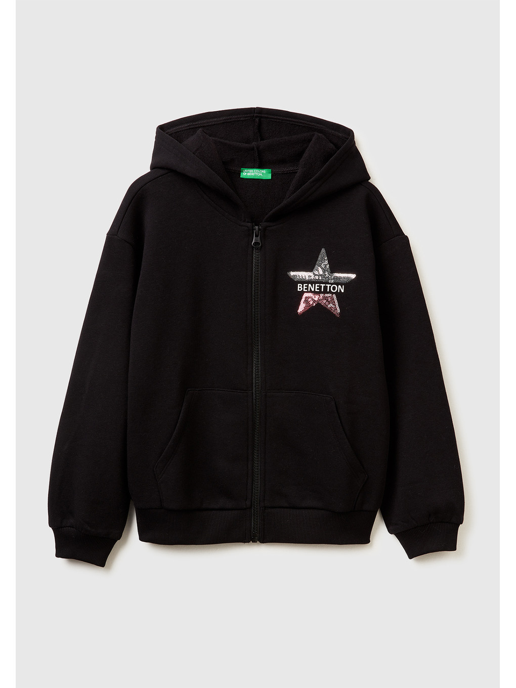 Kız Çocuk Siyah Önü Payetli Logolu Cepli Kapüşonlu Sweatshirt