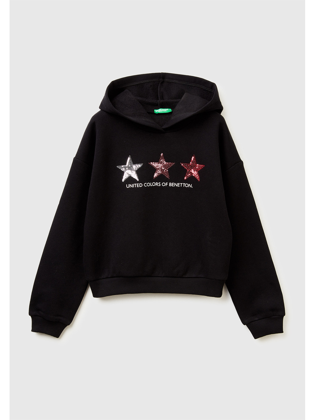 Kız Çocuk Siyah Payet İşlemeli Nervürlü Regular Fit Kapüşonlu Sweatshirt