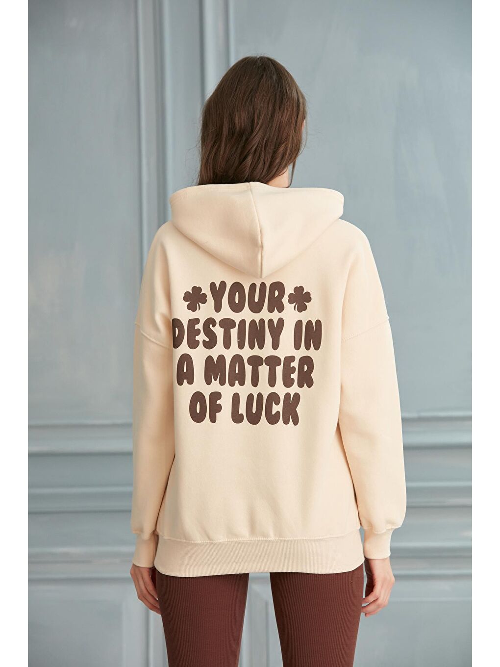 Kadın Bej Believing Sırt Baskı Kapüşonlu Oversize Sweat-3