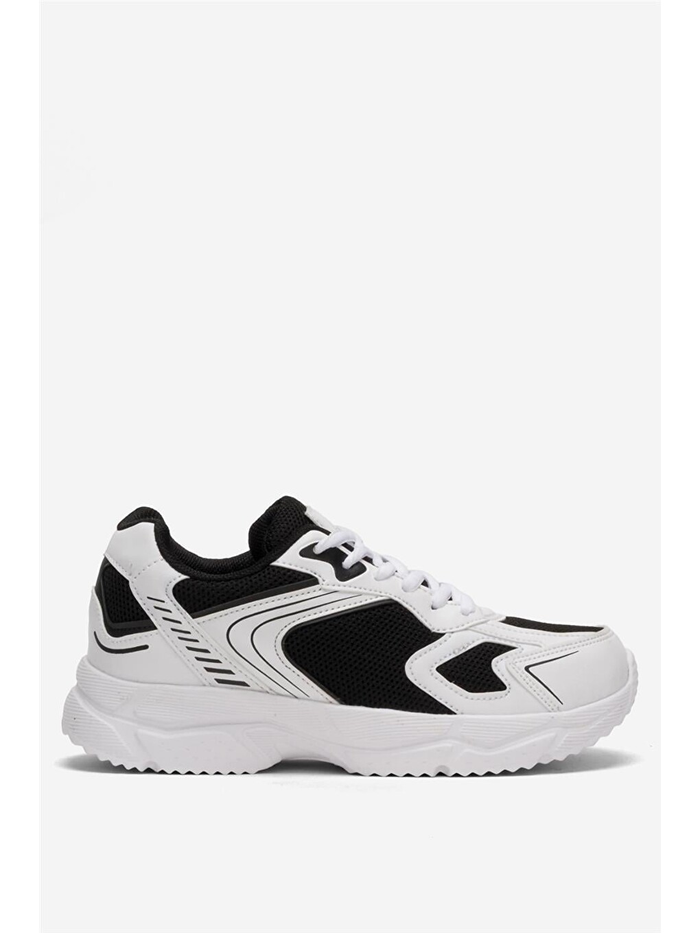 Unisex Faylon Taban Bağcıklı Spor Ayakkabı Beyaz Siyah-1