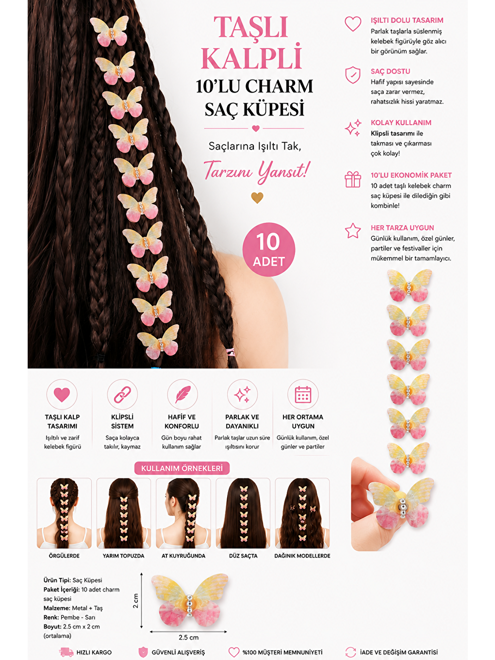 Pembe Minik Taşlı Tül Kelebek 10'lu Charm Saç Küpesi-1