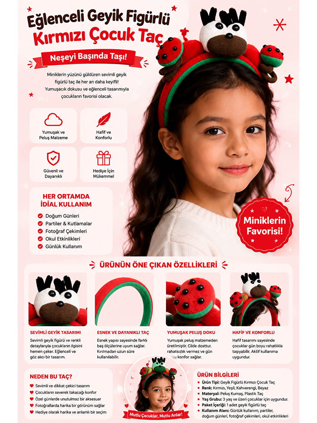 Eğlenceli Geyik Figürlü Kırmızı Çocuk Taç-2