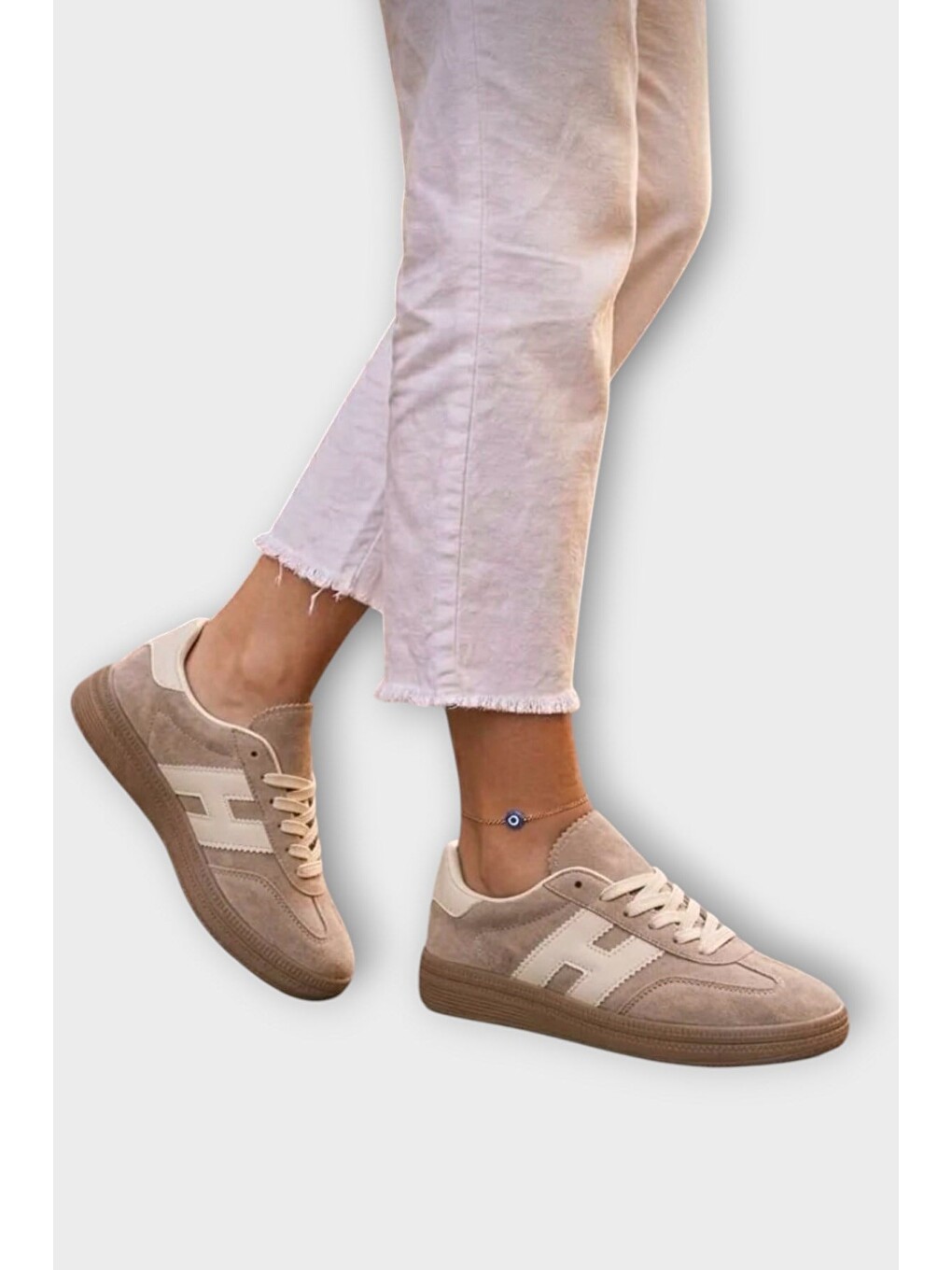 Bej Süet Bağcıklı Sneaker Kadın Spor Ayakkabı Vizon-1