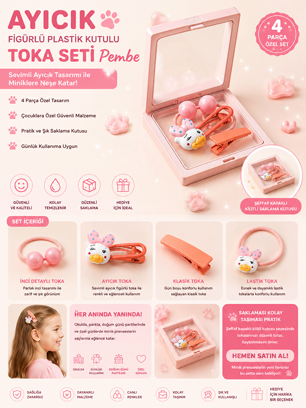 Ayıcık Figürlü Plastik Kutulu Toka Seti Pembe-2