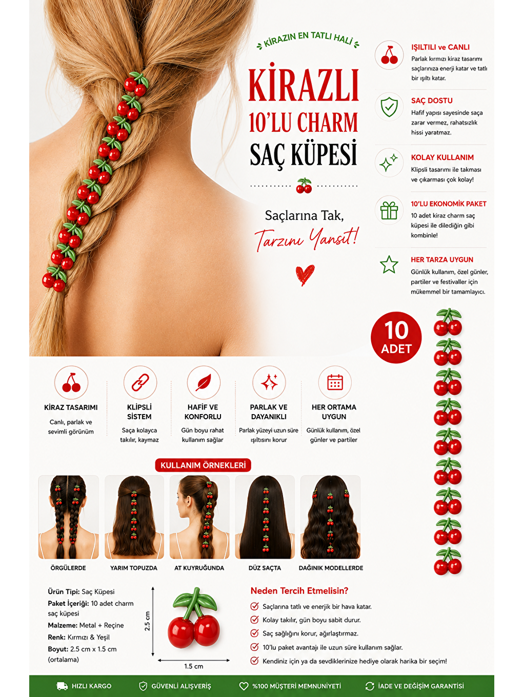 Kırmızı Kirazlı 10'lu Charm Saç Küpesi-1