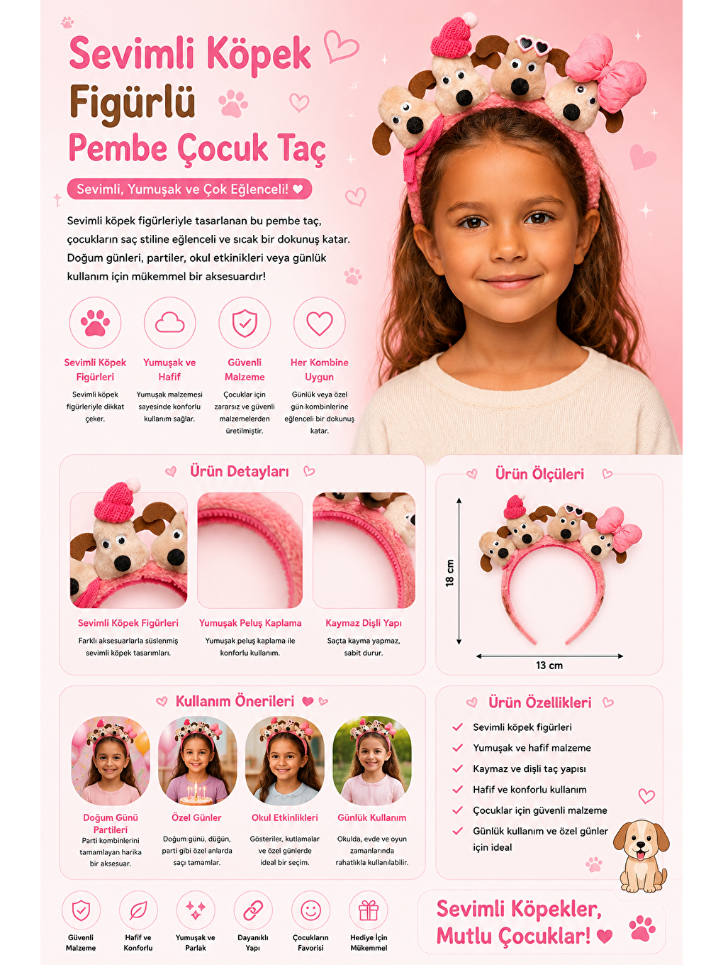 Sevimli Köpek Figürlü Pembe Çocuk Taç-2