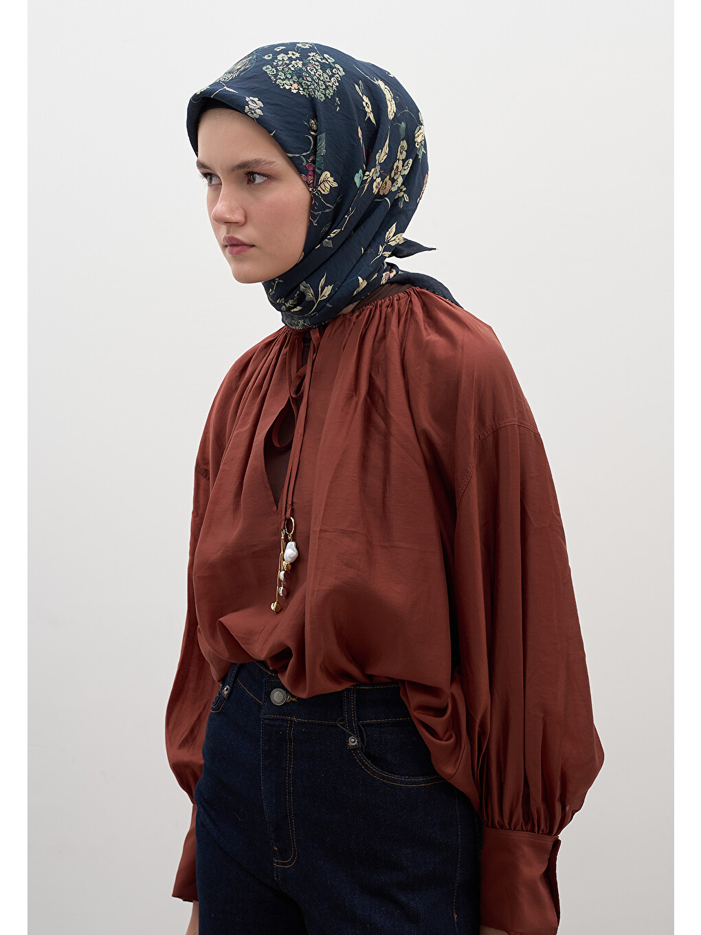 Jenephıe Desen Pamuklu Viskon Eşarp Lacivert-5