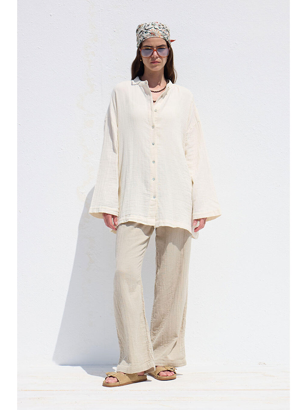 Geniş Kol Müslin Gömlek Ekru-1