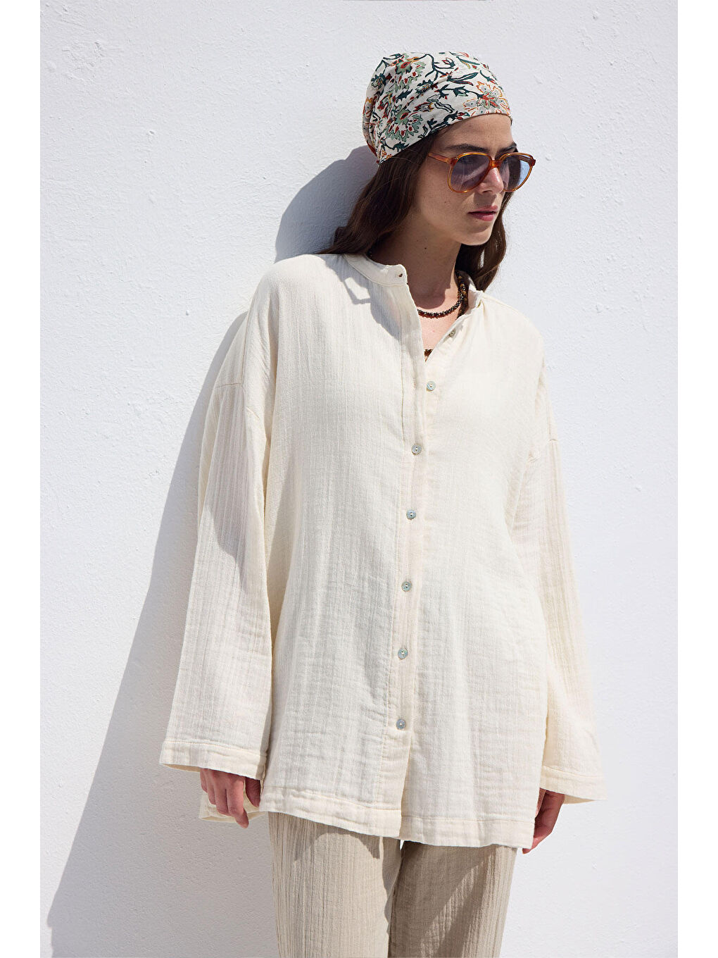 Geniş Kol Müslin Gömlek Ekru-2