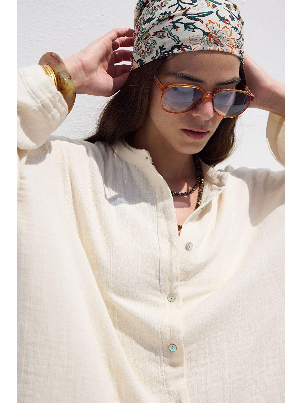 Geniş Kol Müslin Gömlek Ekru-3