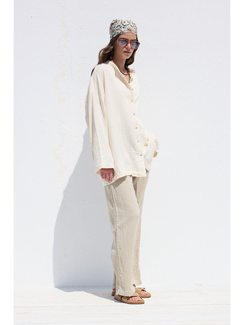 Geniş Kol Müslin Gömlek Ekru-4