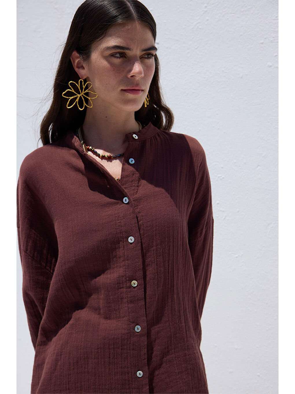 Geniş Kol Müslin Gömlek Bordo-3