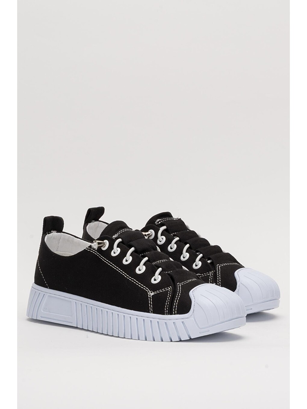 Unisex Kolay Giyilebilir Lastik Bağcıklı Spor Keten Sneaker Ayakkabı Siyah - Beyaz-2