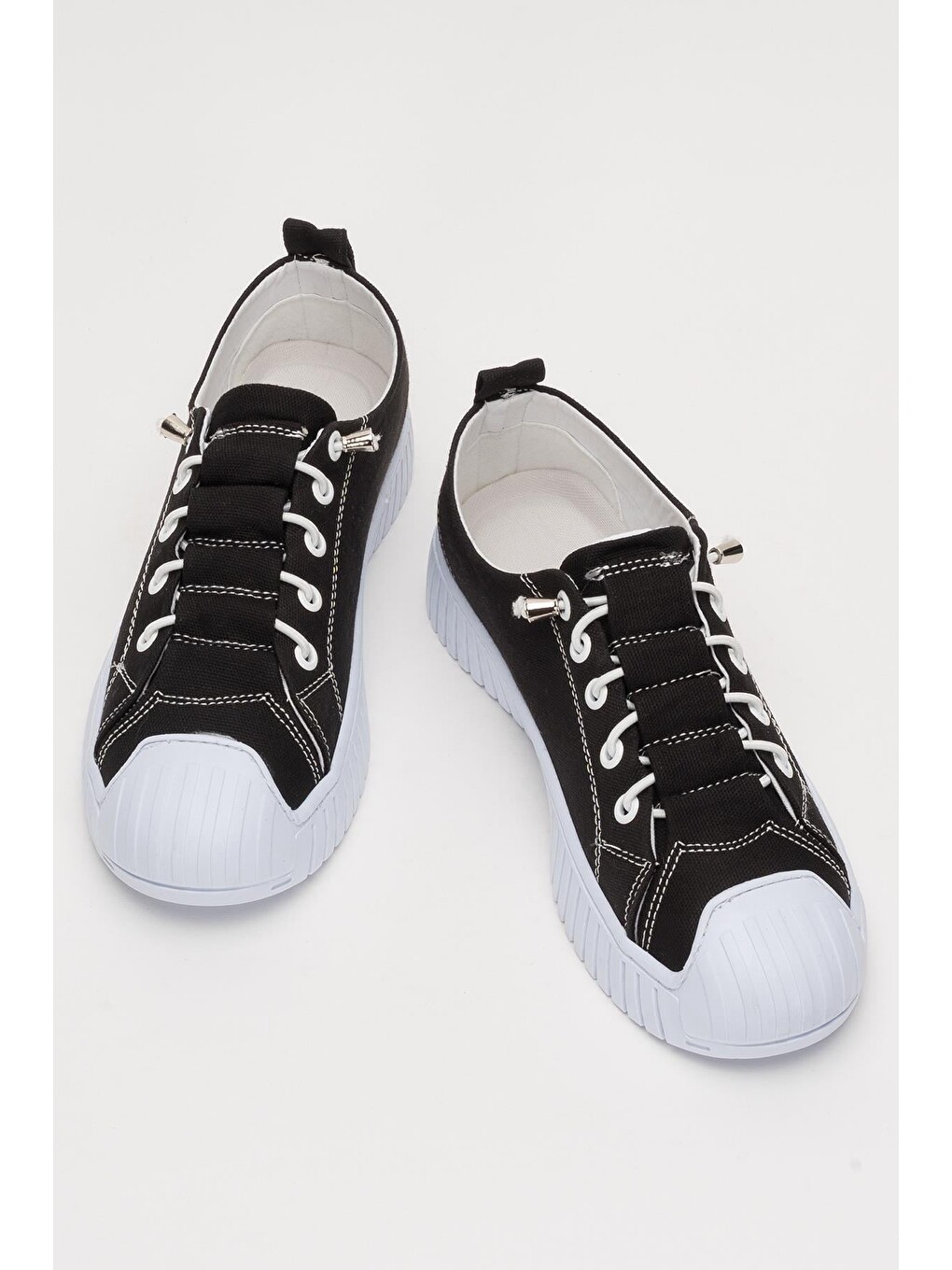 Unisex Kolay Giyilebilir Lastik Bağcıklı Spor Keten Sneaker Ayakkabı Siyah - Beyaz-5
