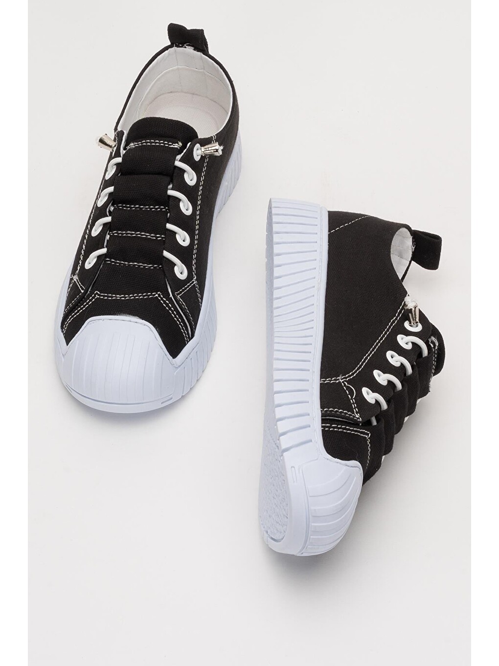 Unisex Kolay Giyilebilir Lastik Bağcıklı Spor Keten Sneaker Ayakkabı Siyah - Beyaz-6
