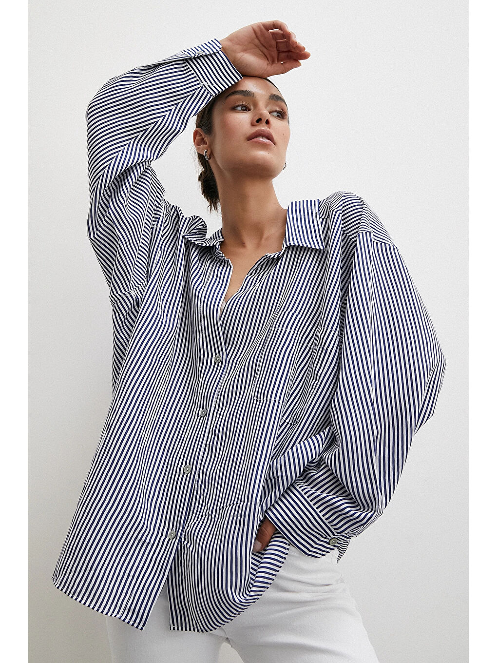 Yarasa Kol Çizgili Gömlek Beyaz