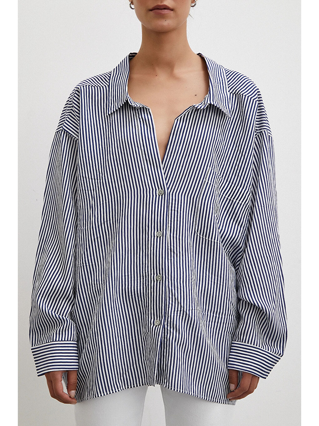 Yarasa Kol Çizgili Gömlek Beyaz-1