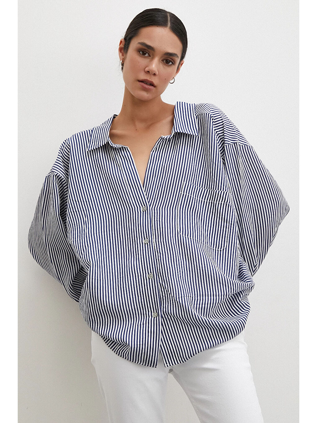 Yarasa Kol Çizgili Gömlek Beyaz-4