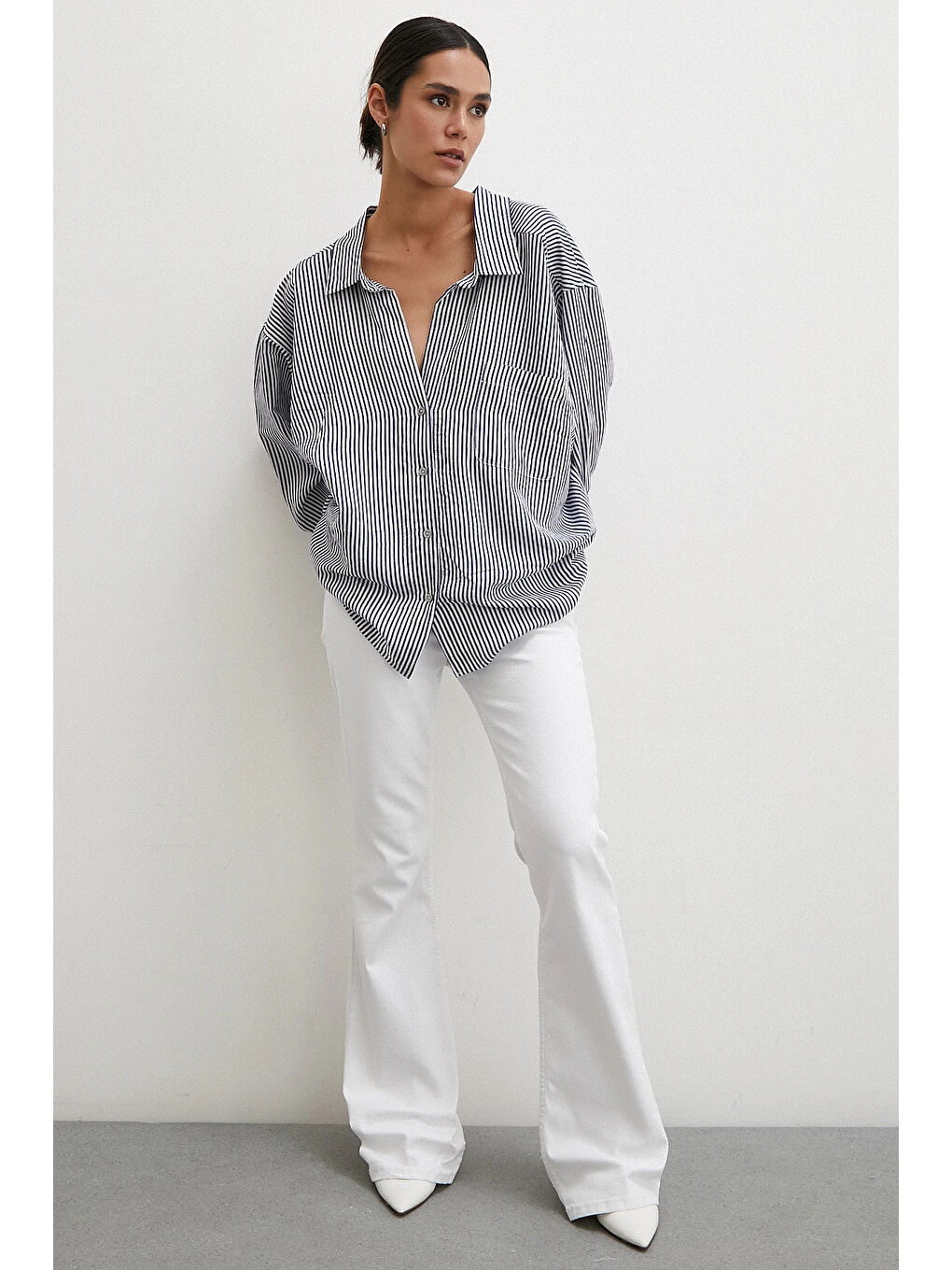 Yarasa Kol Çizgili Gömlek Beyaz-5