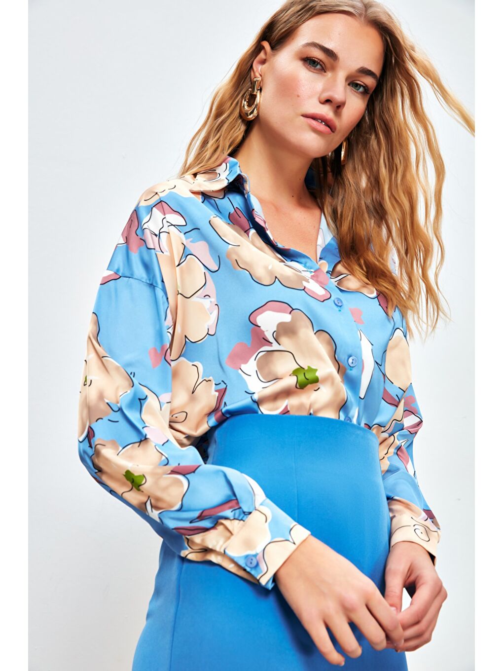 Çiçek Desenli Oversize Gömlek - Bebe Mavi