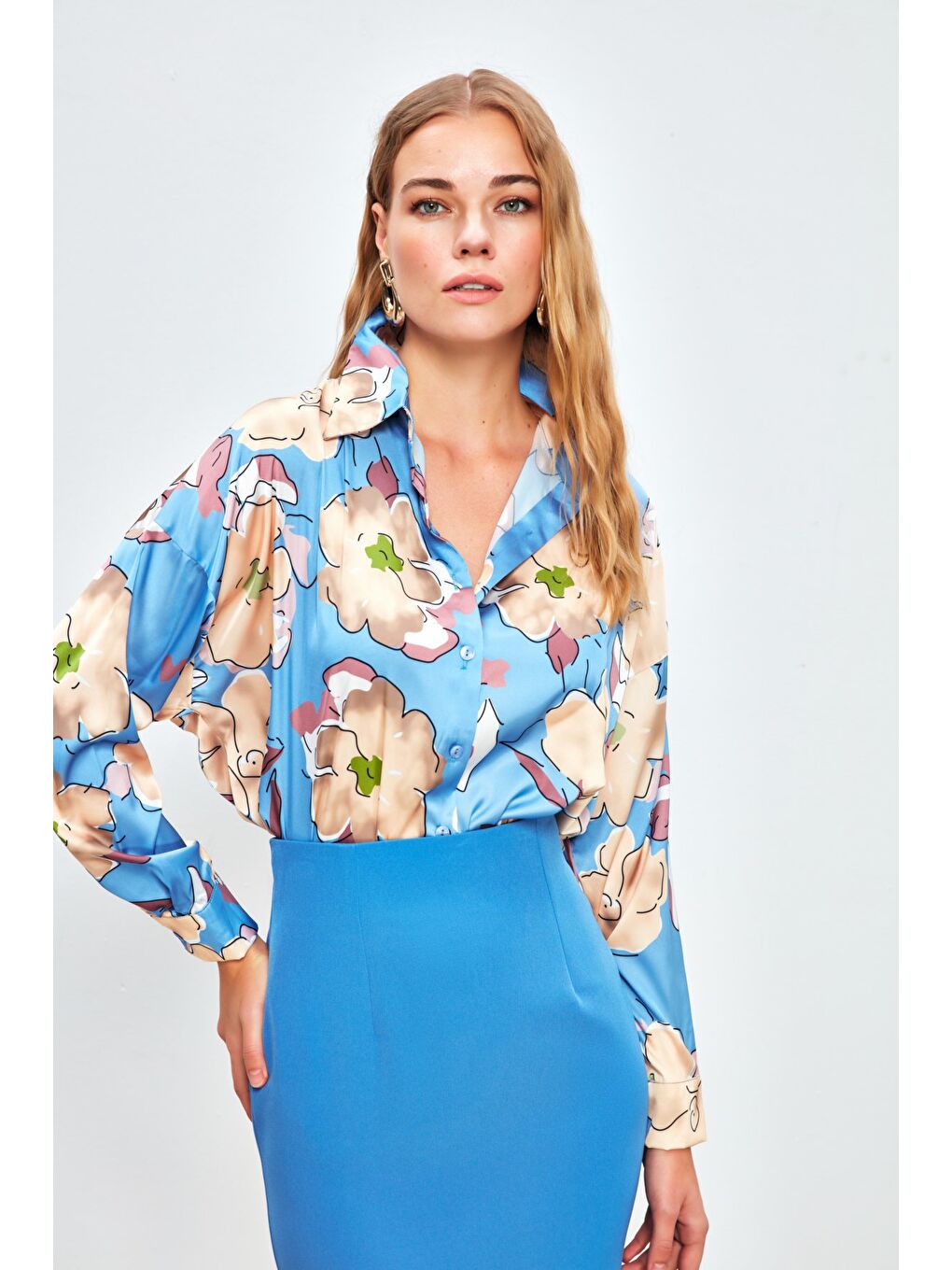 Çiçek Desenli Oversize Gömlek - Bebe Mavi-1