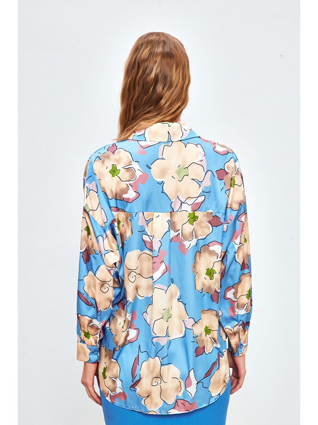 Çiçek Desenli Oversize Gömlek - Bebe Mavi-4