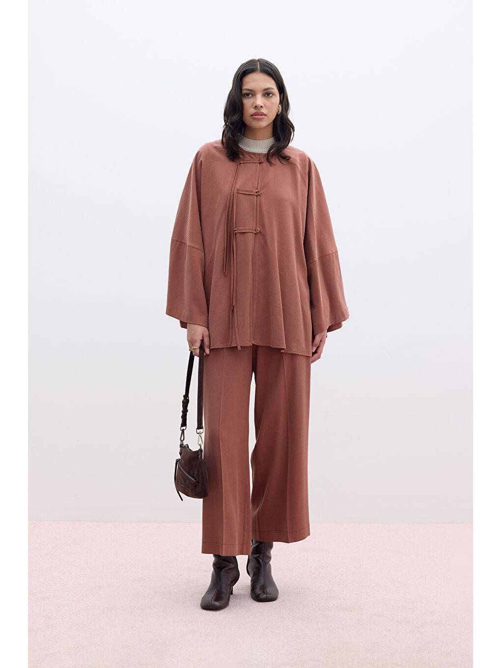 Turuncu Lyocell Bağlama Detaylı Gömlek Bakır-1