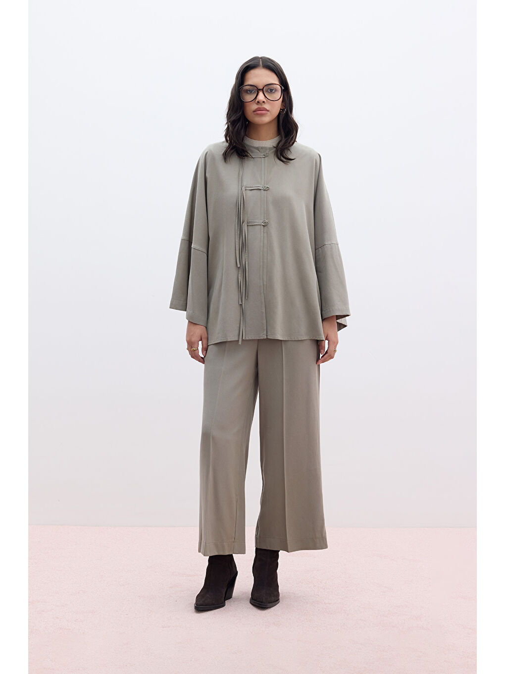 Lyocell Bağlama Detaylı Gömlek Haki-1