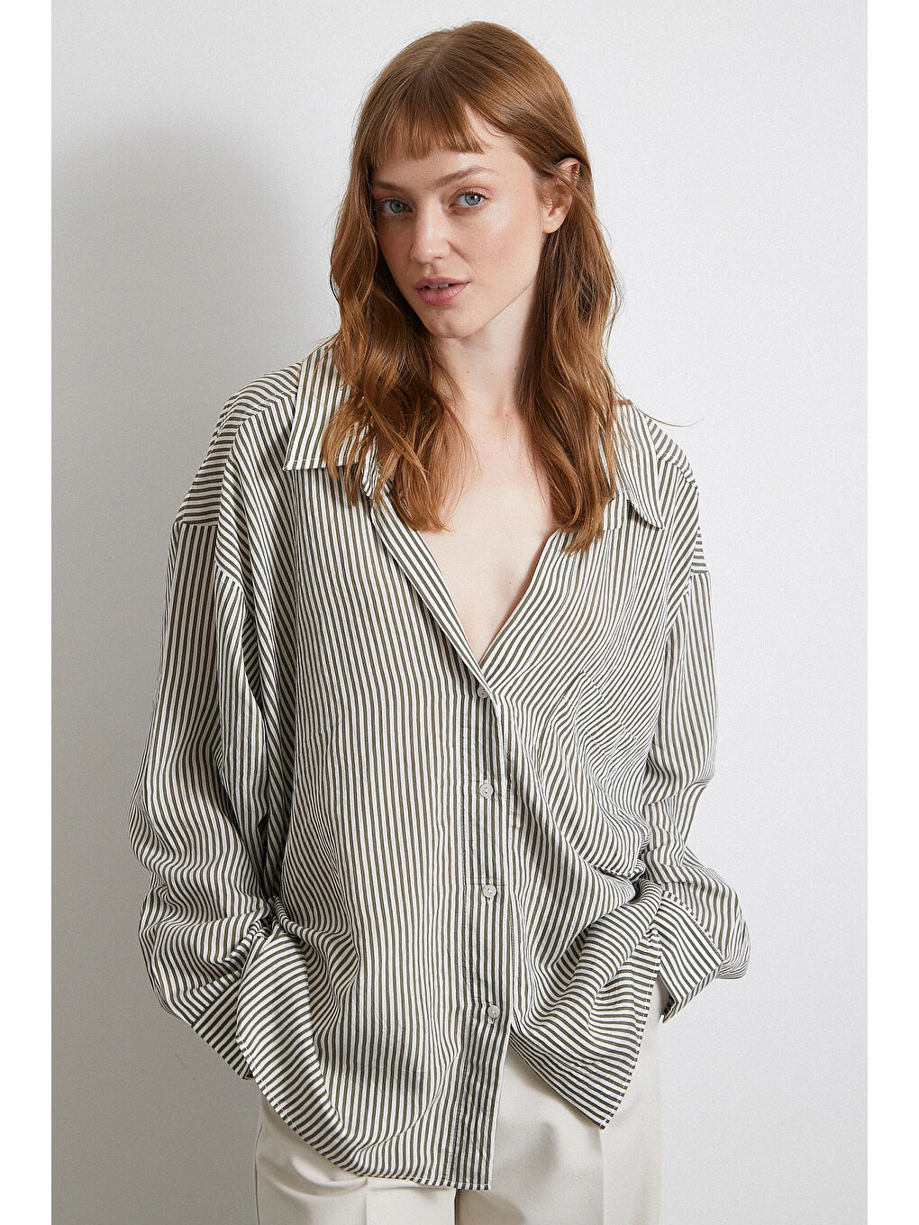 Yarasa Kol Çizgili Gömlek Haki-2