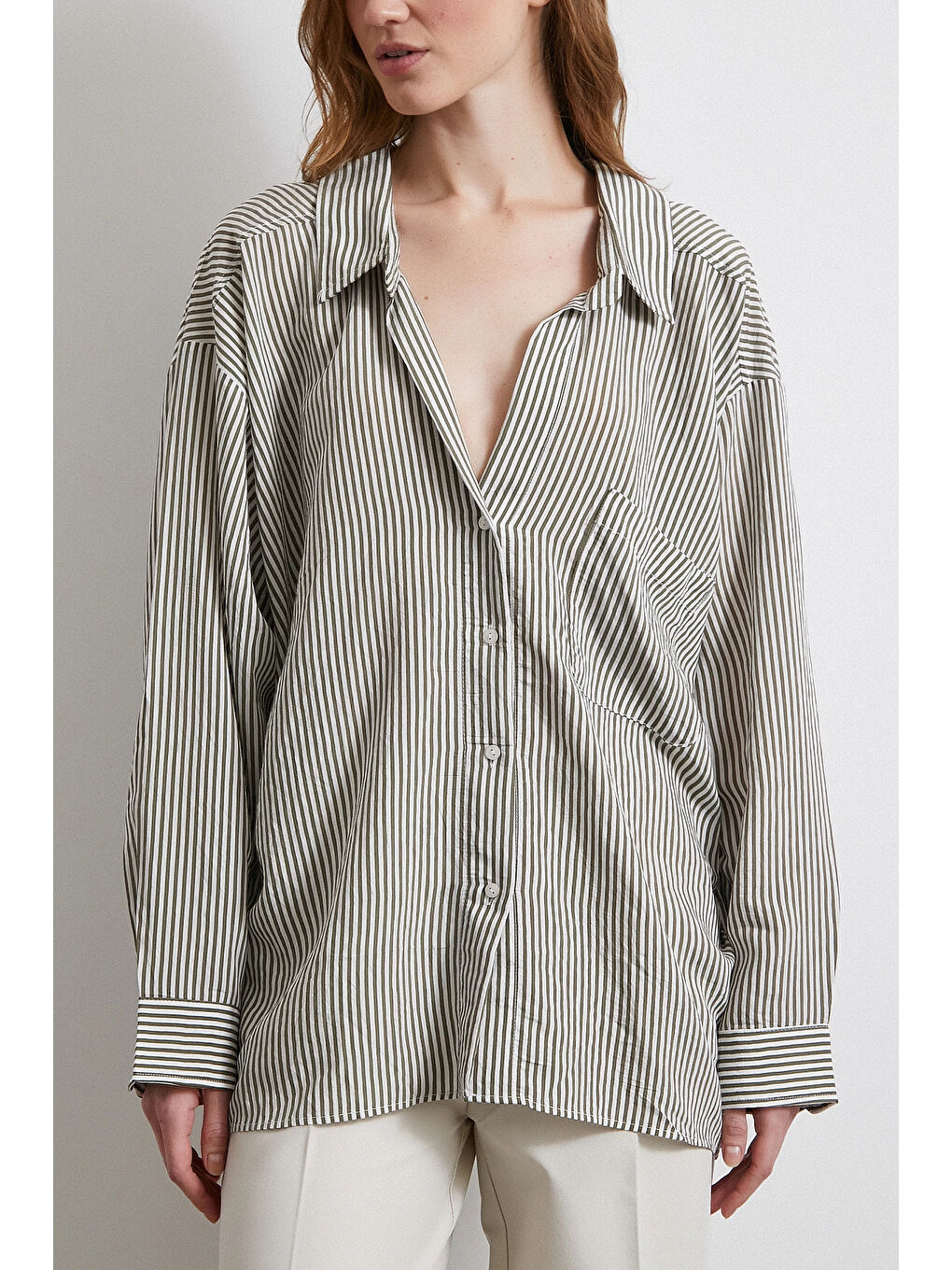 Yarasa Kol Çizgili Gömlek Haki-4