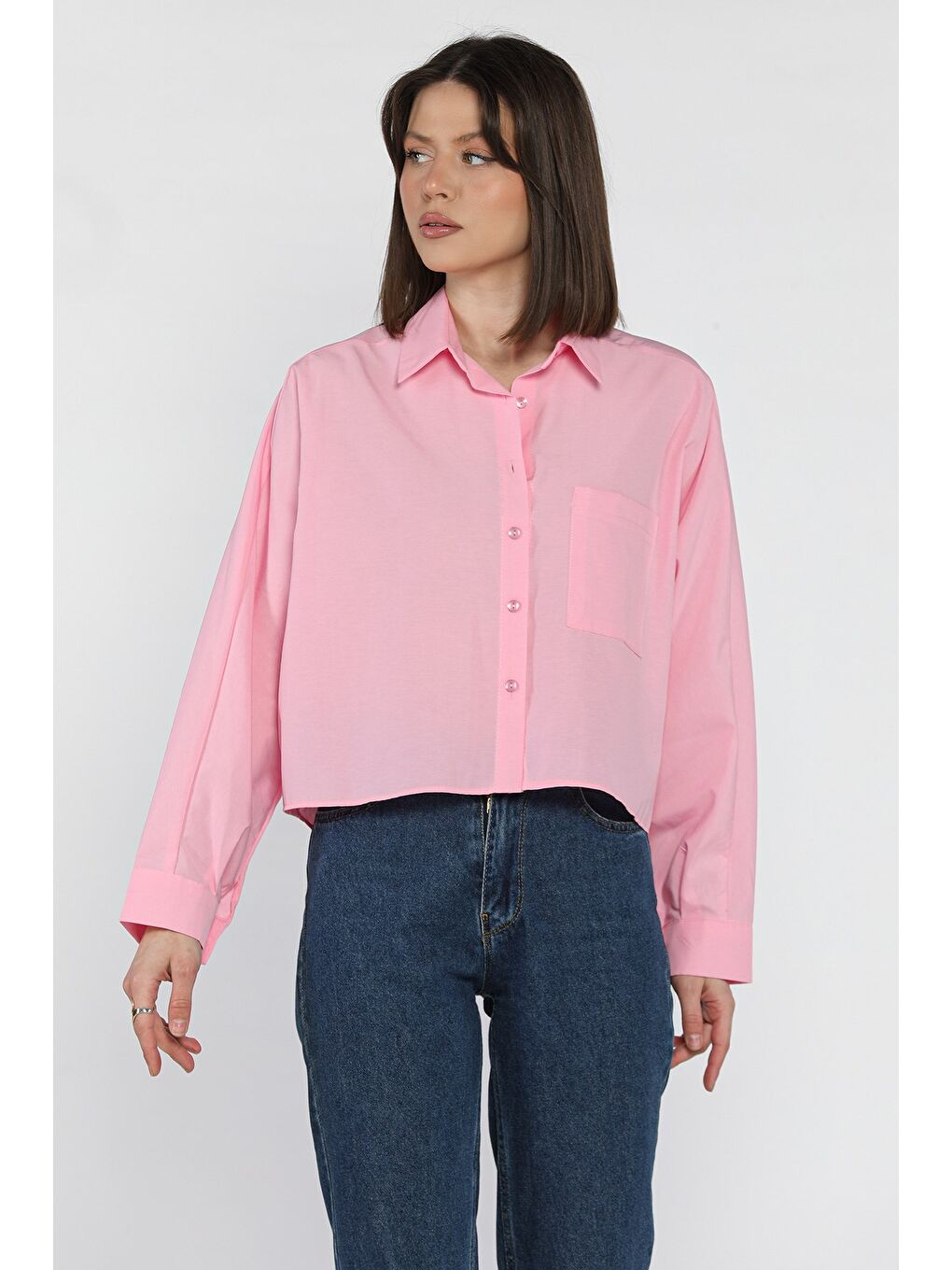 Pembe Kadın Tek Cepli Yarasa Kol Gömlek-1