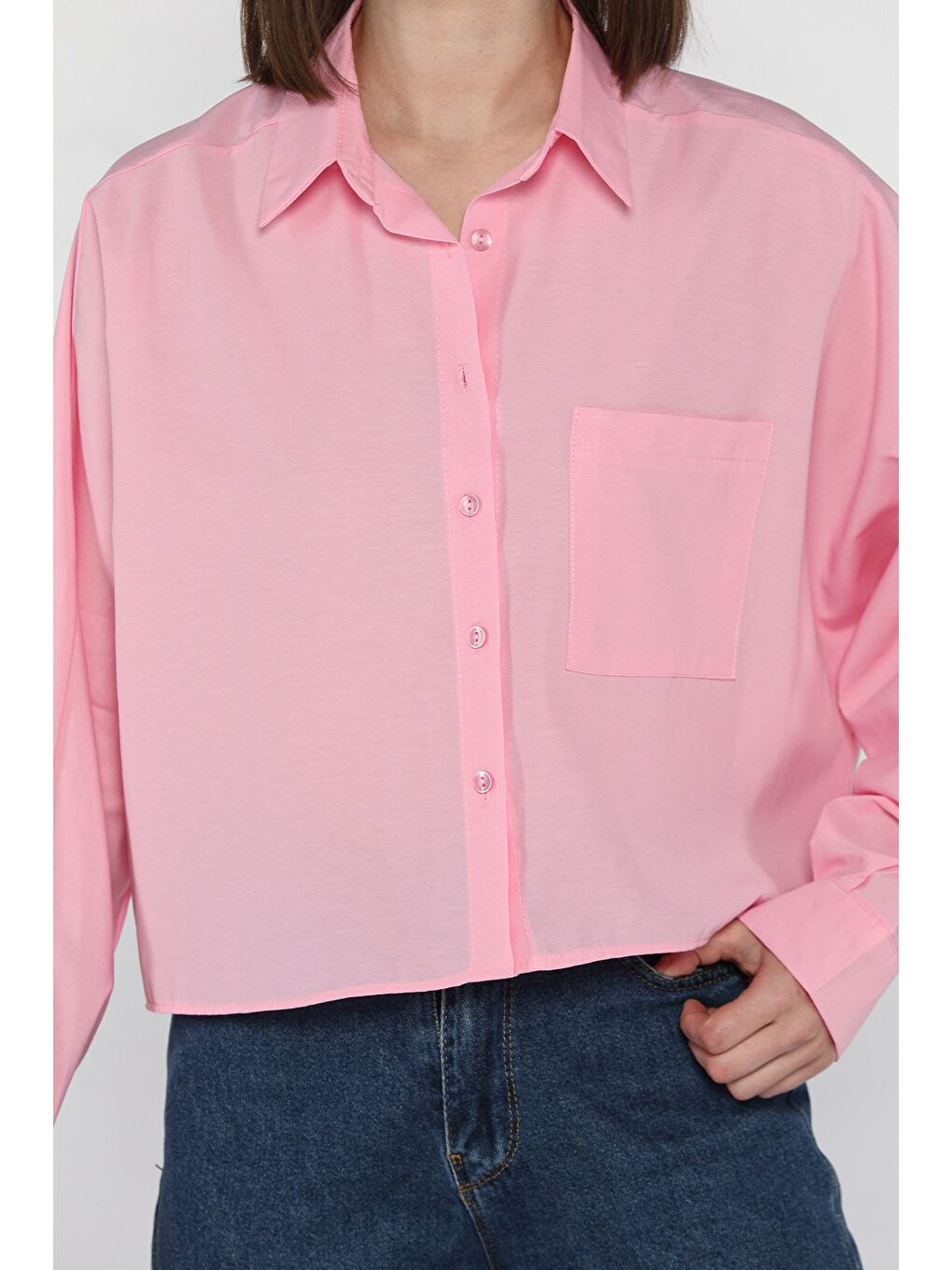 Pembe Kadın Tek Cepli Yarasa Kol Gömlek-3