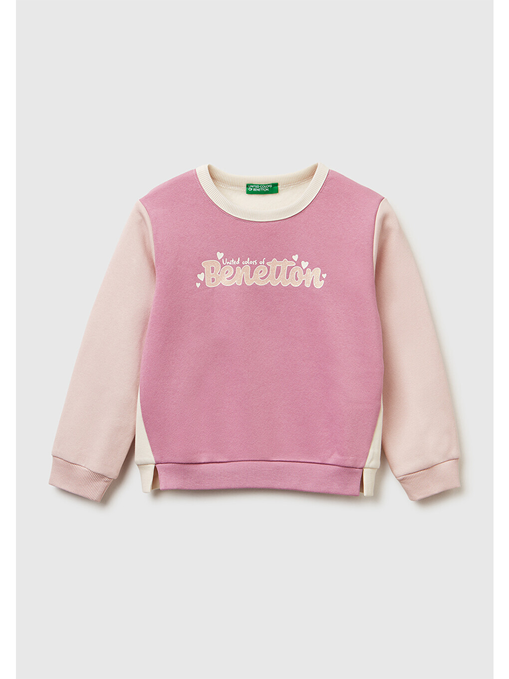 Ekru Kız Çocuk Krem-pembe Renk Bloklu Simli Logo Baskılı Yırtmaçlı Sweatshirt