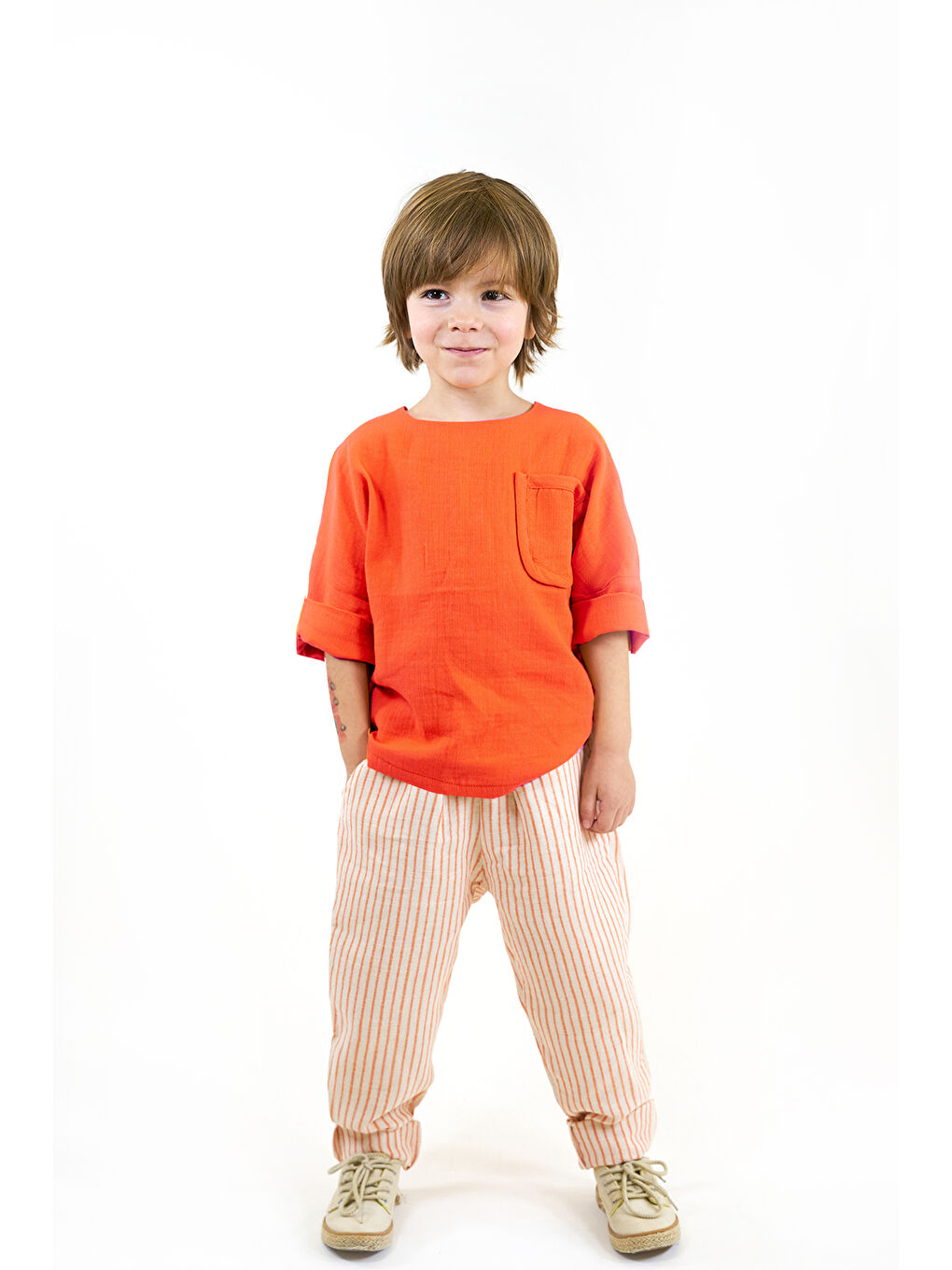 Lila 2'li Müslin Arkadan Düğmeli Gömlek ( Ekru ve Turuncu )-3