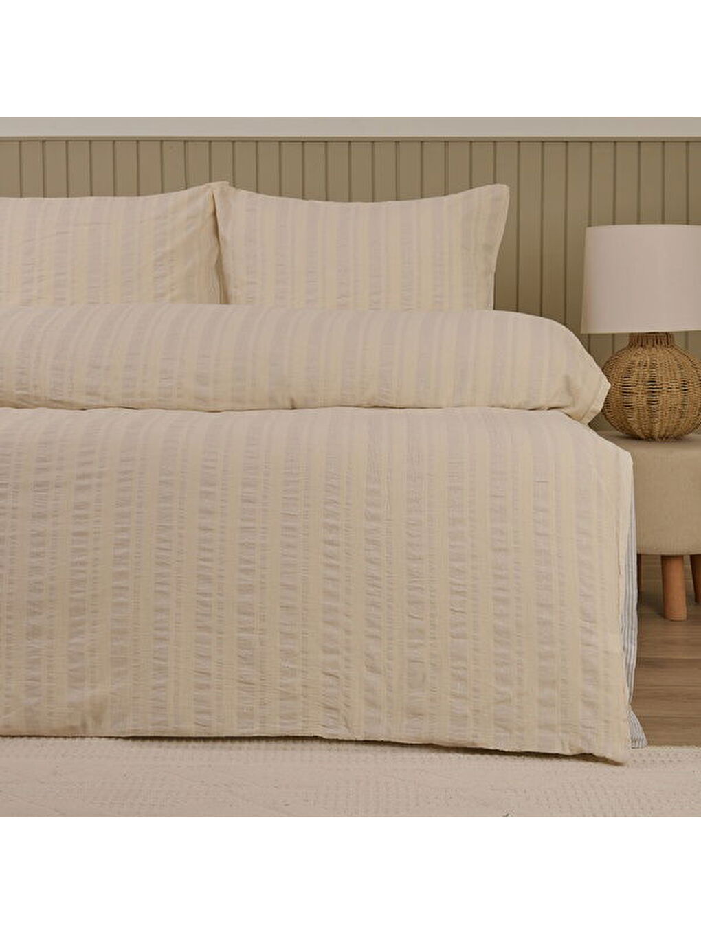 Ekru Soft Raye Çift Kişilik Nevresim Takımı - Krem