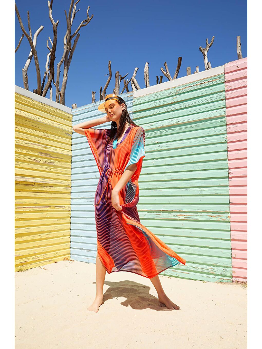 Renkli Çizgili Turuncu Uzun Pareo 2940-1