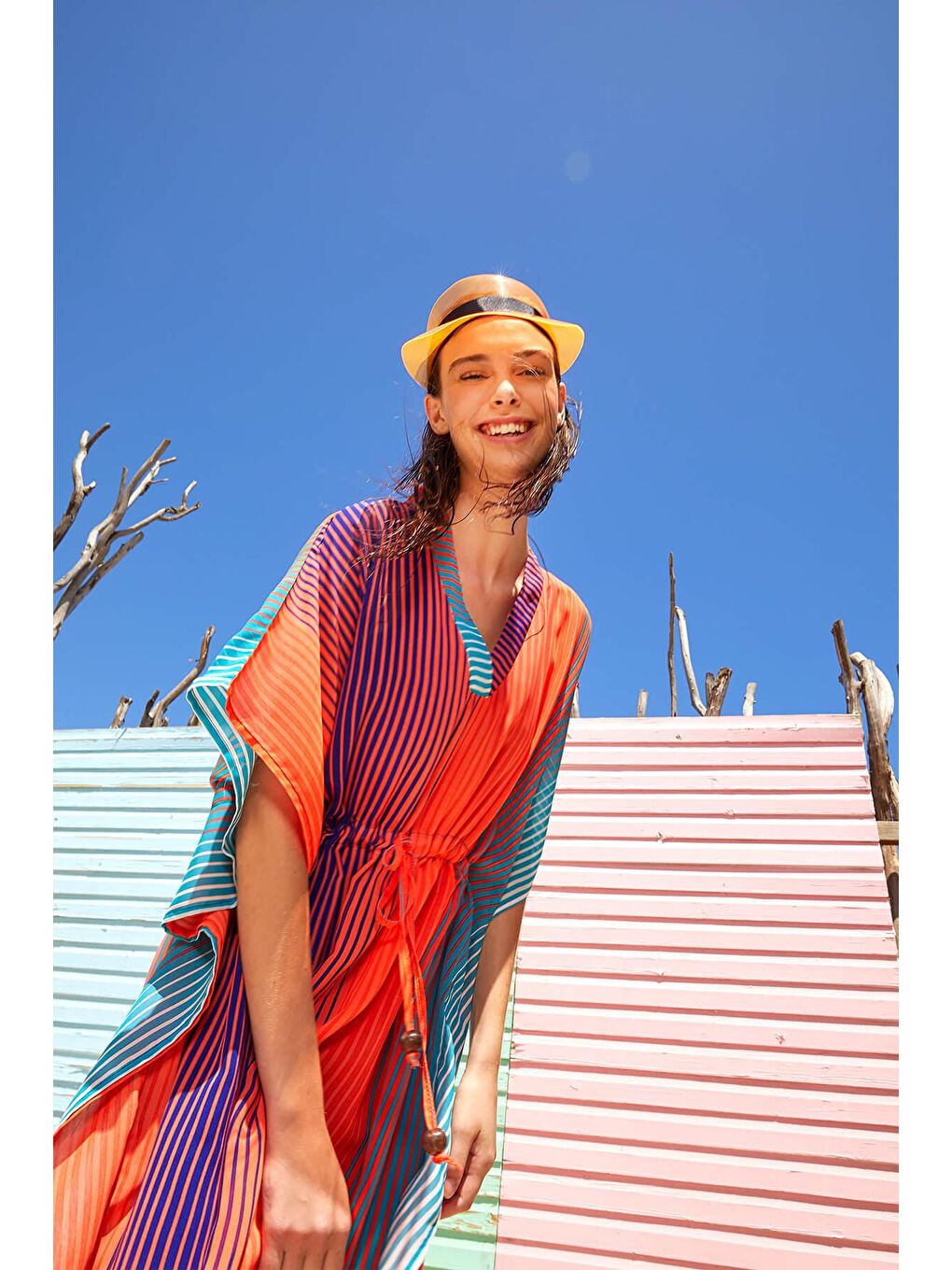 Renkli Çizgili Turuncu Uzun Pareo 2940-2