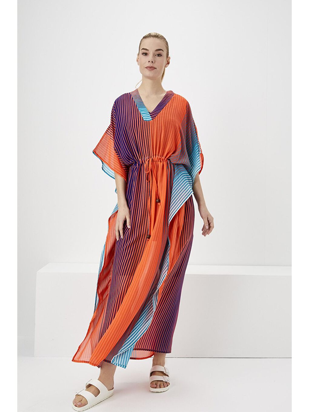 Renkli Çizgili Turuncu Uzun Pareo 2940-3