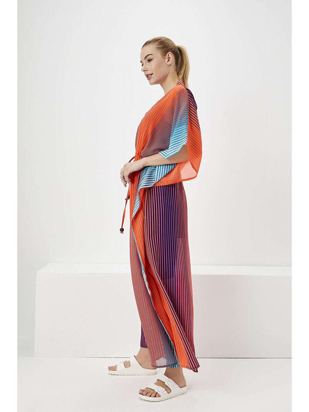 Renkli Çizgili Turuncu Uzun Pareo 2940-5
