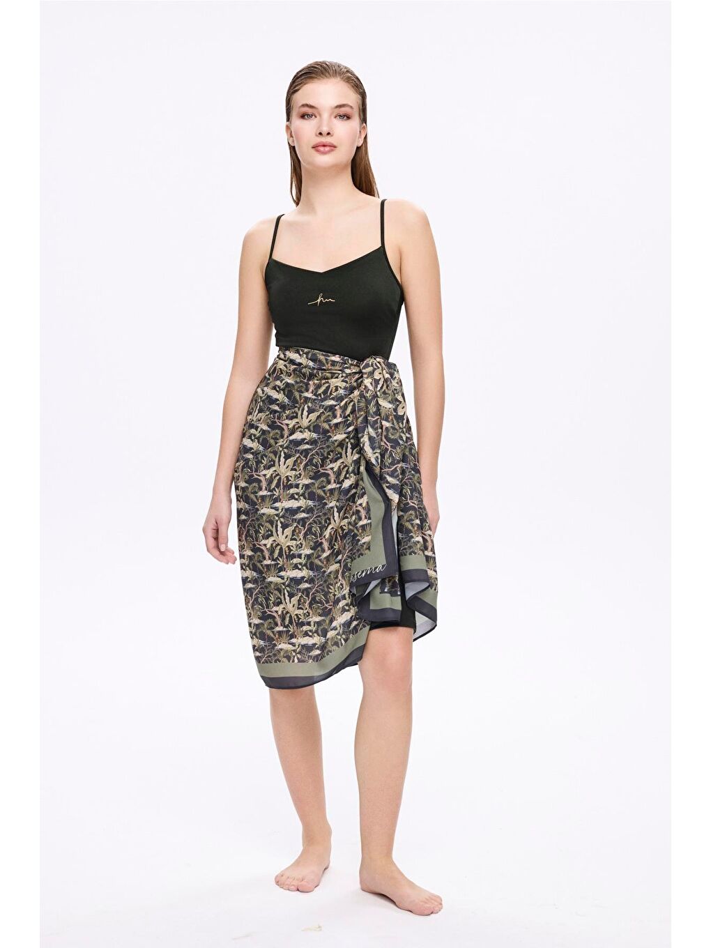 Tropikal Desenli Yeşil Etek-Pareo 5069
