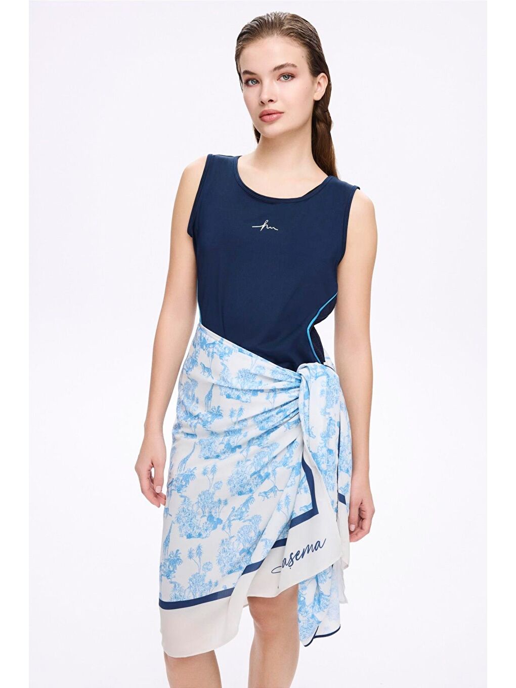 Tropikal Desenli Mavi Etek-Pareo 5068-1