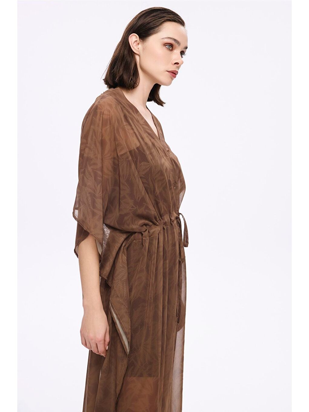 Floral Desenli Kahverengi Uzun Pareo 5059-1