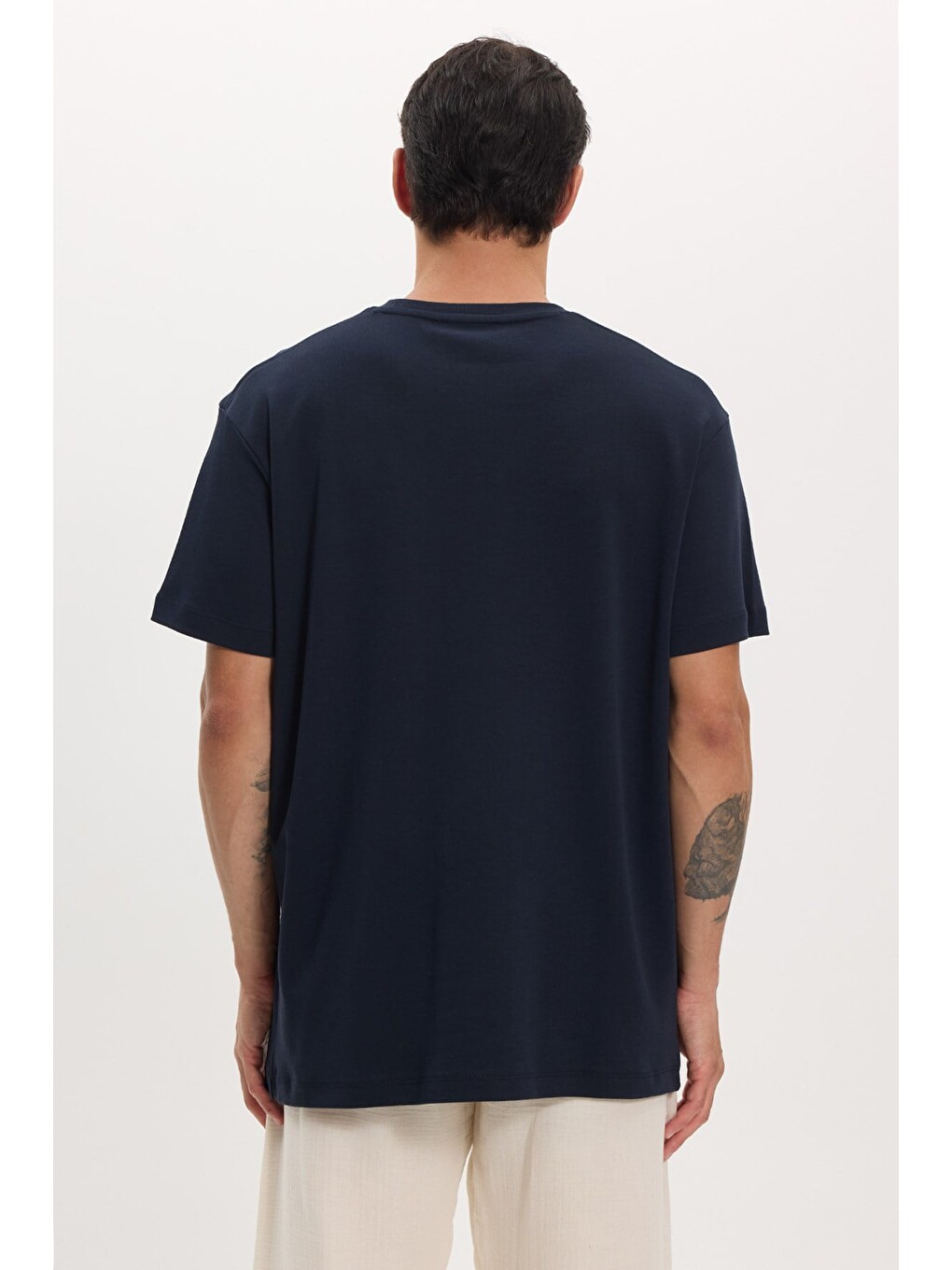 Unisex Relax Fit Rahat Kesim %100 Pamuk Yumuşak Dokulu Basic Bisiklet Yaka Lacivert Tişört-7