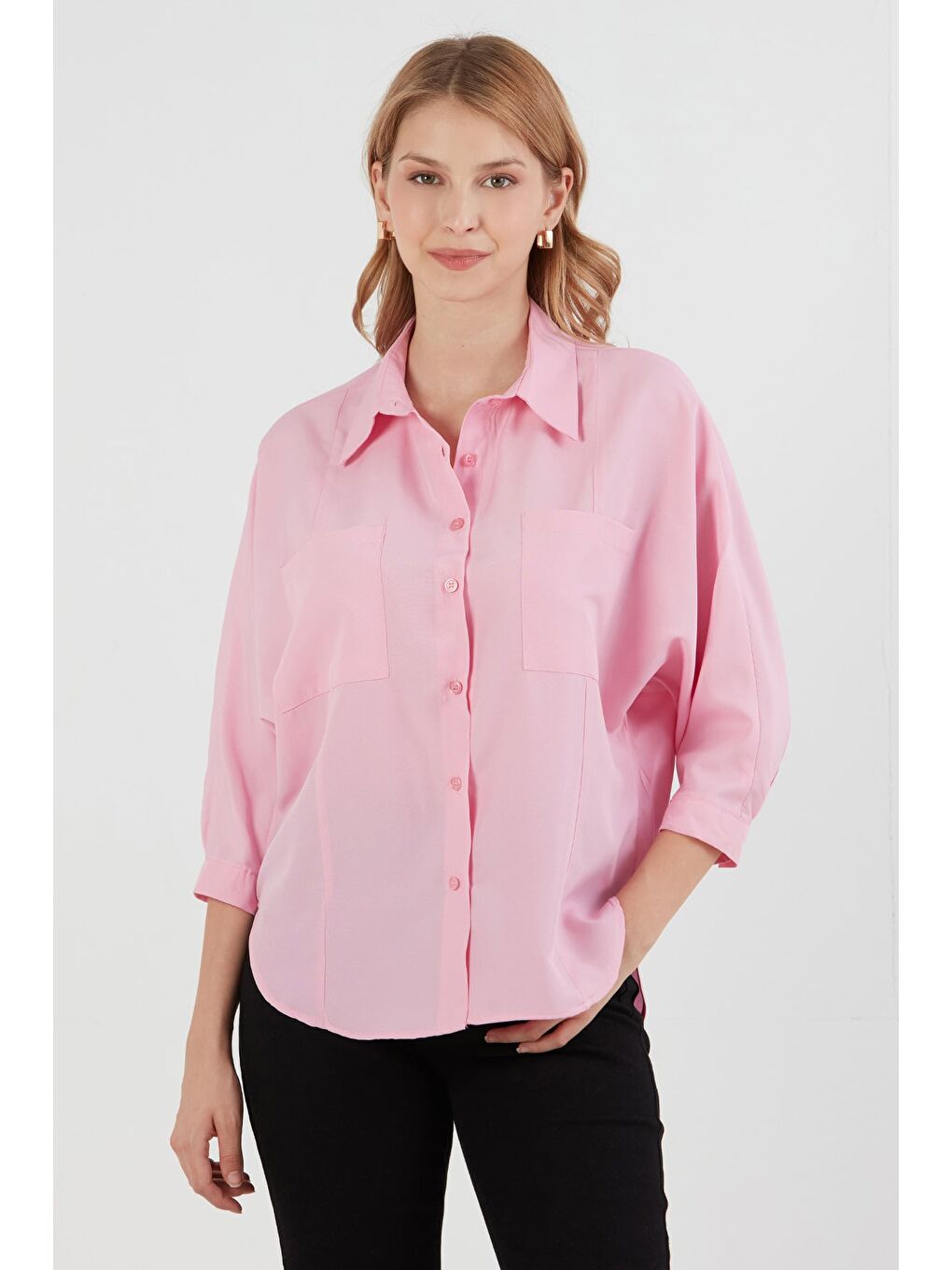 Pembe Çift Cepli Yarasa Kol Terikoton Gömlek