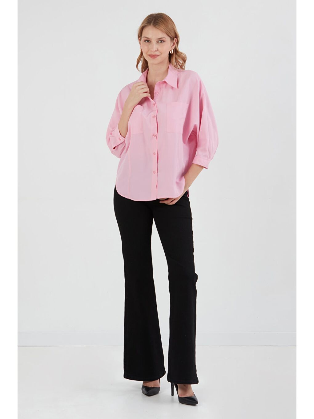 Pembe Çift Cepli Yarasa Kol Terikoton Gömlek-1