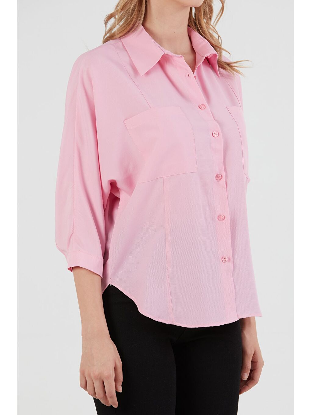 Pembe Çift Cepli Yarasa Kol Terikoton Gömlek-4