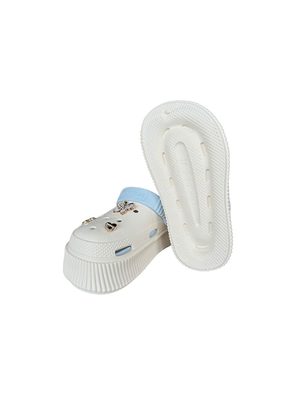 Ekru Yüksek Taban Taşlı Kadın Sandalet Krem-mavi-4